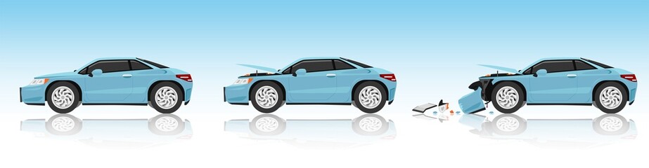 Cartoon vector or illustration. Status of the soft blue EV car from normal car to the car was slightly damaged. until the car was severely damaged fall apart.