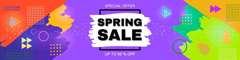 Spring sale discount banner. Final sale. Special offer. Background made by brush strokes of paint. Аbstract style background with abstract flowing elements and dynamic geometric shapes. Memphis style