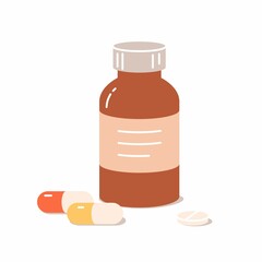 Pills and capsules with Medical Glass Bottle Isolated on White Background. Vector illustration