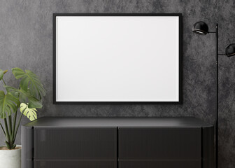 Fototapeta premium Empty horizontal picture frame on dark wall in modern living room. Mock up interior in contemporary style. Free, copy space for your picture, poster. Console, lamp, monstera plant. 3D rendering.