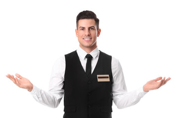 Portrait of happy receptionist in uniform on white background