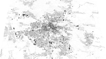 Map of Lviv, Ukraine. Buildings and city center. Aerial view. Roads and communication routes. Access points to the city. Black and white, satellite view