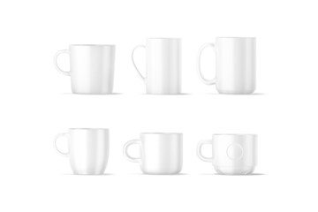 Blank ceramic coffee and tea mug mockup, different types, isolated