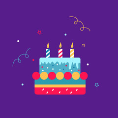Vector illustration of colorful birhtday cake isolated on blue background.	