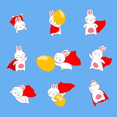 White rabbit in a superhero costume. Vector character in various poses