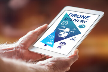 Drone delivery concept on a tablet