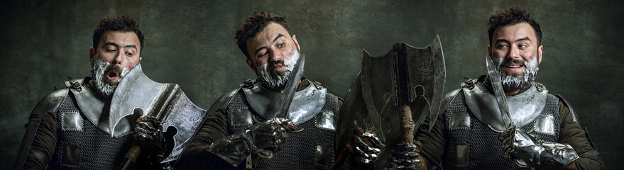 Collage. Comic portrait of medieval warrior or knight with dirty wounded face shaving with an ax...