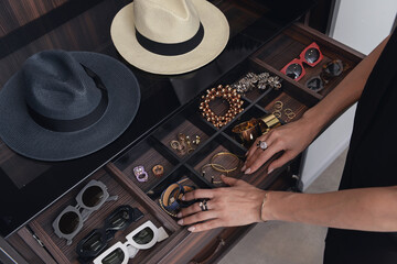 Jewelry drawer and accessories, Use Hand Pull Open Drawer Wooden , accessories and jewelry inside, table with accessories at home