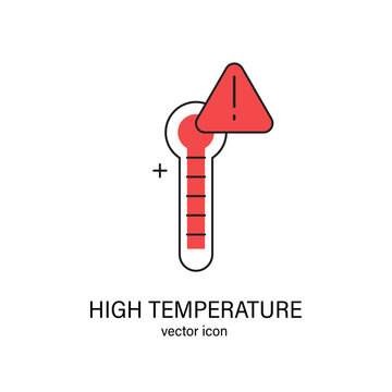 Danger High Temperature Thermometer Vector Line Minimalist Illustration. Summer Or Body Extreme Temperatures. Climate Change And Earth Heating Warning Sign.