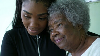 A teen granddaughter taking care of grandmother giving help and support