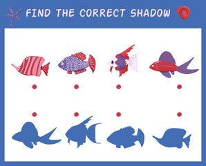 Educational matching game for children. Find the correct shadow. Cartoon fish