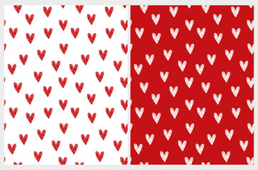 Vector Seamless Pattern with Hearts Isolated on a White and Red Background. Irregular Hand Drawn Simple Romantic Print ideal for Fabric, Textile, Wrapping Paper. 
