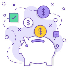 consumer based cost saving strategy Concept, Piggy bank with flying coin vector color icon design, business corporation symbol, Joint partnership Sign, Sale and Marketing management stock illustration