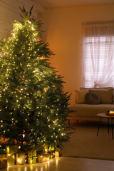 Stylish living room interior with beautiful Christmas tree