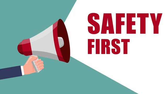 hands of businessman hold megaphone and safety first text animation.4K motion animation.
