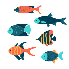 Fish set. Fish icons. Underwater life. Sea world. Flat vector icons. Isolated on white background.	