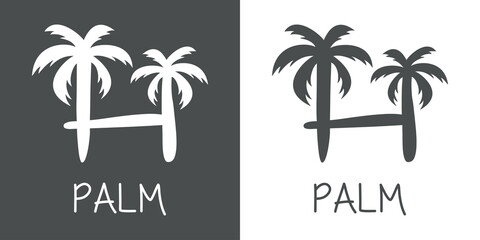 Logotipo texto Palm con letra H en tipograf&iacute;a con forma de silueta de palmera en fondo gris y fondo blanco