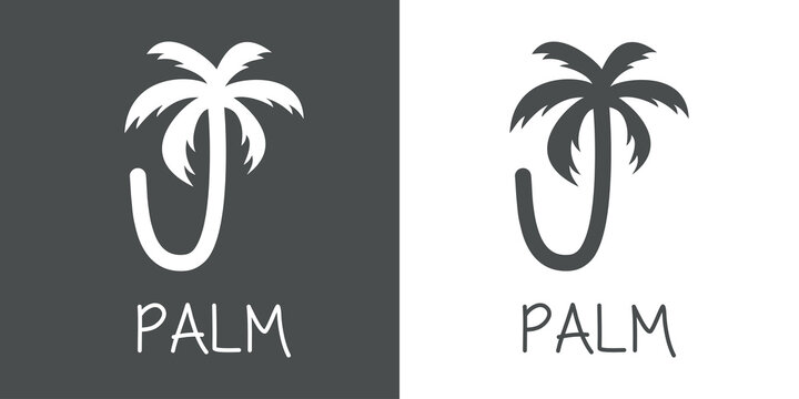 Logotipo texto Palm con letra J en tipograf&iacute;a con forma de silueta de palmera en fondo gris y fondo blanco