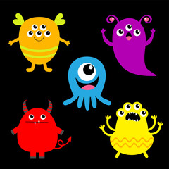 Happy Halloween. Monster set icon. Kawaii cute cartoon baby character. Funny face head body colorful silhouette. Hands up, eyes, horn, fang teeth tongue. Sticker print. Flat design. Black background.
