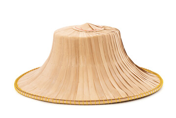 Hat made of bamboo and palm leaves shaped like an inverted basin isolated on white background with...