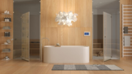 Blur background, minimalist wooden spa room, bathroom, wellness center with bathtub, sauna room with glass doors, rack, towels, shelves, carpet, pendant lamp. Interior design concept