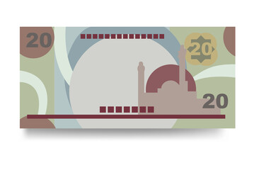 Bahraini Dinar Vector Illustration. Bahrain money set bundle banknotes. Paper money 20 BHD. Flat style. Isolated on white background. Simple minimal design. - obrazy, fototapety, plakaty