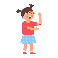 Crying girl kids has elbow bleed in flat design on white background. Child injured.