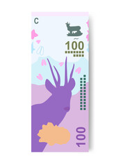 Argentine Peso Vector Illustration. Argentina money set bundle banknotes. Paper money 100 ARS. Flat style. Isolated on white background. Simple minimal design.