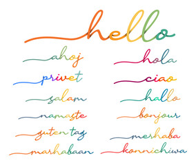 Hello Handwriting Colorful Vector Calligraphy. Marhaba Hallo Bonjour Namaste Salam Privet Ahoj Hola - obrazy, fototapety, plakaty