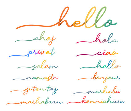 Hello Handwriting Colorful Vector Calligraphy. Marhaba Hallo Bonjour Namaste Salam Privet Ahoj Hola