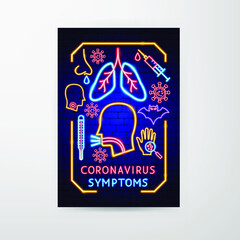 Coronavirus Symptoms Neon Flyer. Vector Illustration of Pandemic Promotion.