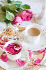 English style, tea break, vintage still life, porcelain, tea cup, silver coffee