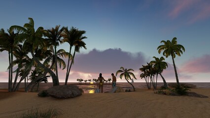 Couple enjoying day on the beach in sunset time