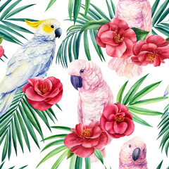 Parrots cockatoo. Watercolor tropical illustration, seamless pattern, jungle bird