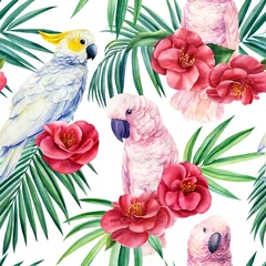 Wall murals Parrot Parrots cockatoo. Watercolor tropical illustration, seamless pattern, jungle bird