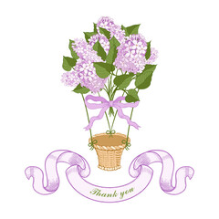 .Composition with a bouquet of lilac, ribbon with a bow,a basket and a banner with text..  Vector floral illustration on white background..