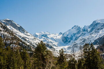 Fototapeta premium Bernina, Morteratsch, Gletscher, Val Bernina, Berninapass, Piz Bernina, Engadin, Oberengadin, Gletscherweg, Alpen, Graubünden, Winter, Schweiz