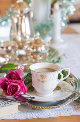 English style, tea break, vintage still life, porcelain, tea cup, silver coffee