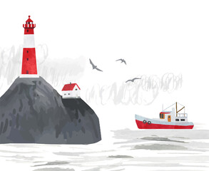 Scandinavian vector landscape with house, fishing ship, lighthouse, clouds, stone cliffs. Travel concept. Watercolor Illustration on isolated on white background. All elements are individual objects