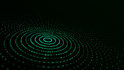 Abstract green background of circular flow of particles. Digital cyberspace. Network connections structure. 3D rendering.