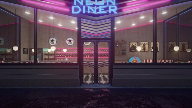 Neon diner and retro car late at night. Fog, rain and colour reflections on asphalt. Retro diner  interior. Tile floor, neon illumination, jukebox and retro style bar stools. 3d illustration.	