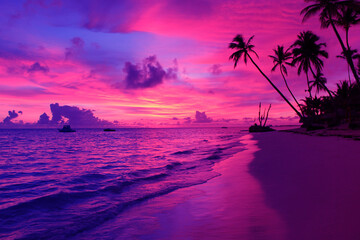 fantasy tropical sunset on the beach. Amazing Colorful sky purple cloud and sky dramatic color...