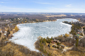 West Bend, WI USA - March , 2022 Aerial view of Green Lake in Washington County.