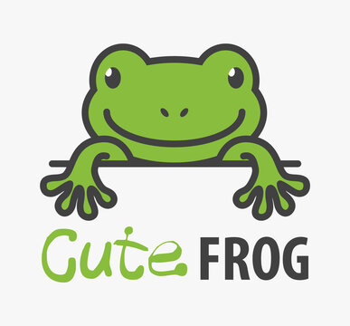 Logo template with cute frog. Vector logo design toad template for zoo, veterinary clinics, etc. Cartoon animal logo illustration.