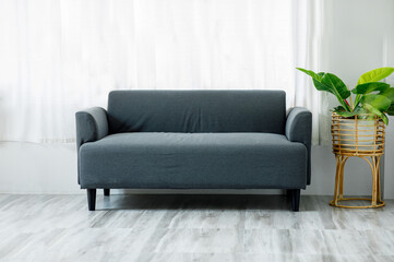 sofa, Poster above white cabinet with plant next to grey sofa in simple living room interior. Real photo