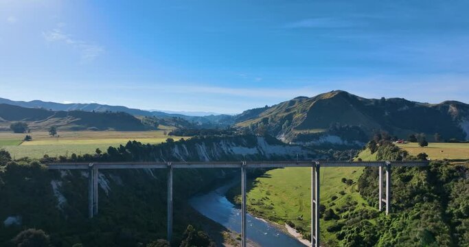 Flying towards Mangaweka rail viaduct over Rangitikei River - New Zealand