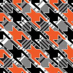 Hounds tooth patchwork pattern. Orange, black and white glen check fabric swatch.