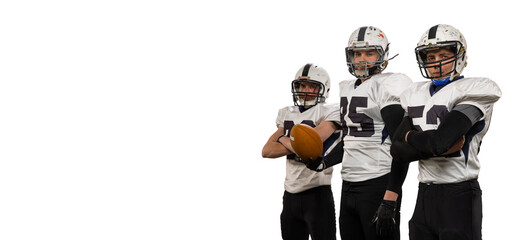 Portrait of three professional american football players in sports uniform and helmets equipment posing isolated on white background.
