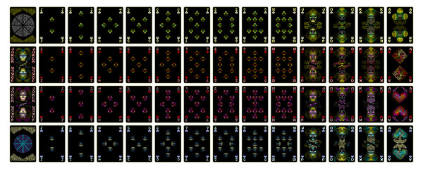 Full deck of poker playing cards. Dark gold colors. Oriental fairy tale style. Poker set with isolated cards on white background.