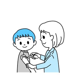 イラスト素材：5～11歳小児への新型コロナワクチン接種開始（小児接種/笑顔/主線あり/単色）
